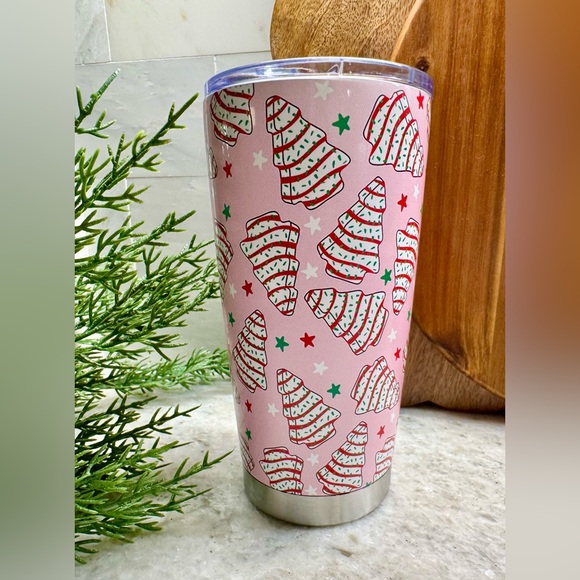 New Christmas Tree Snack Cake Pink Stainless Steel Metal Travel Cup Tumbler 20oz - Picture 2 of 8
